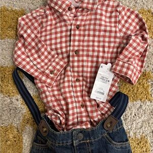 NWT Carter's Red Checkered Baby Shirt, Jeans & Suspenders